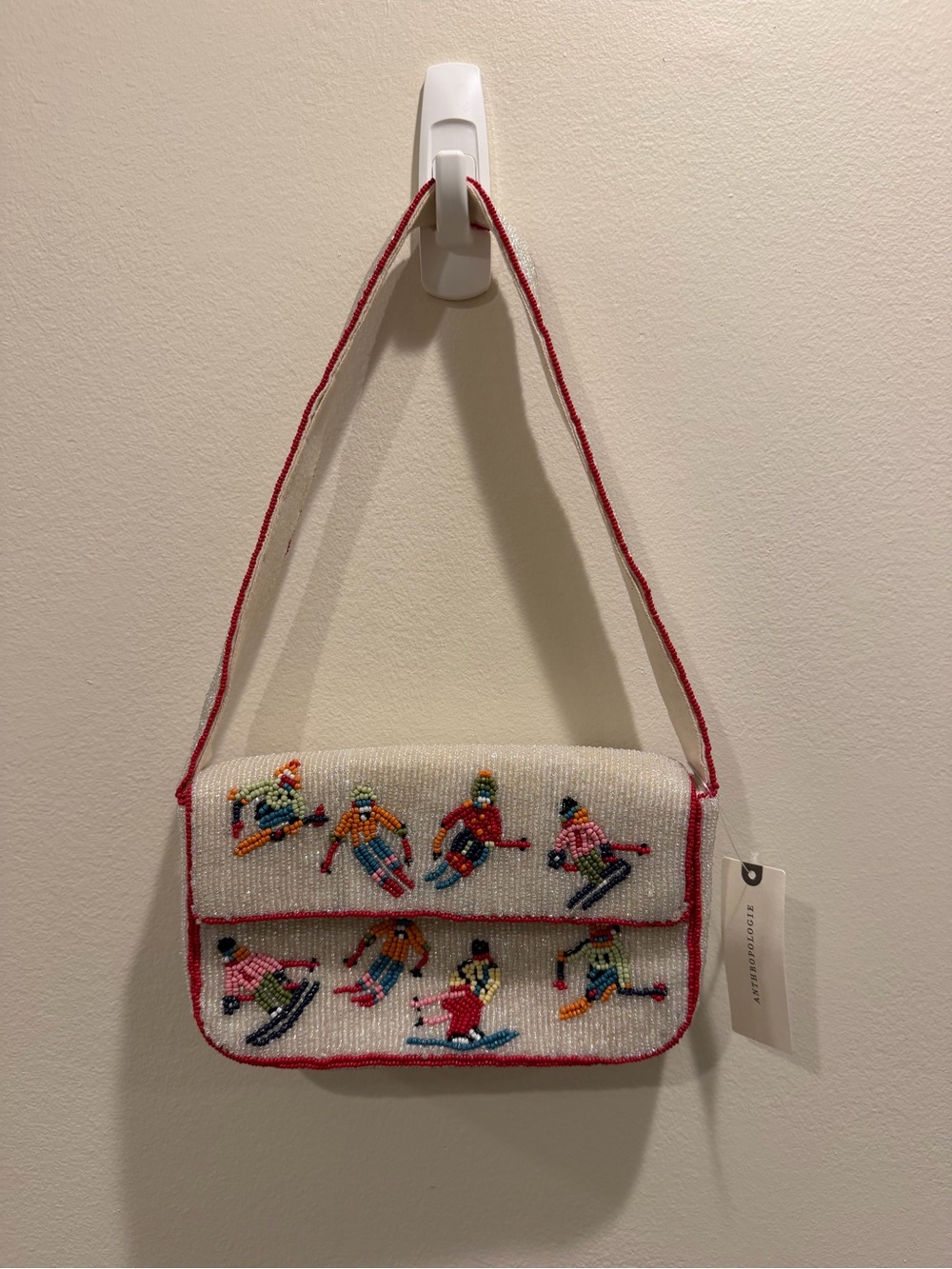 Anthropologie White Beaded Ski Motif Shoulder Bag with Red Trim